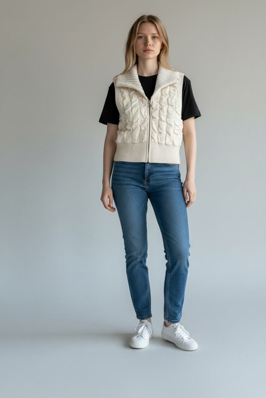WHITE HOUSE BLACK MARKET Top Size XS Cream Knit Vest Stretch Zip